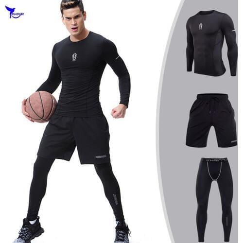 Reflective Printed 3Pcs Long Sleeve Shirt+Shorts+Tights Mens Running Set Quick Dry Basketball Fitness GYM Tracksuit Sport Suit