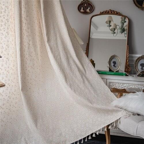 Cilected White Daisy Embroidery Tassel Curtains Home Semi-Shading Wear Rod Hanging Curtain Decor Cotton And Linen Curtains