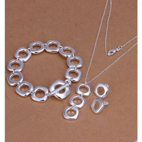 Factory price top quality jewelry silver plated square jewelry sets necklace bracelet bangle earring ring freeshipping SMTS162