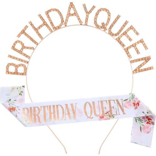 Flower Print Birthday Queen Sash and Tiara Rose Gold for Women 30th 40th 50th 60th Birthday Party Decoration Supplies Favor Gift
