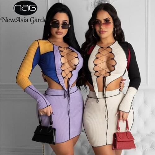 NewAsia Skirt and Top Set Cut out Tie up Crop Top Color Blocking Patchwork Bodycon Skirt Knitted Two Piece Women Sets Chic Suit
