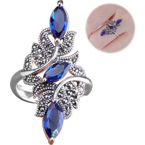 Fashion Marquise cut Blue Rhinestones Zircon Ring For Women Vintage Antique silver Color Delicate Flower Ring Wedding Jewelry