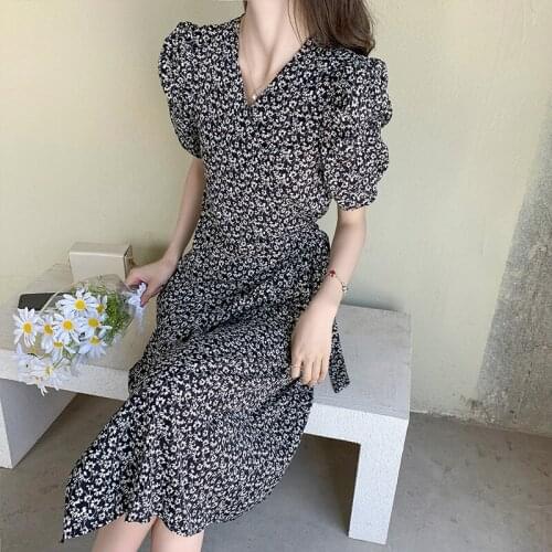French Chiffon Dress Women Puff Sleeve Floral Print Vintage Long Dress Office Lady Elegant Lace-up High Waist Wrap Dress