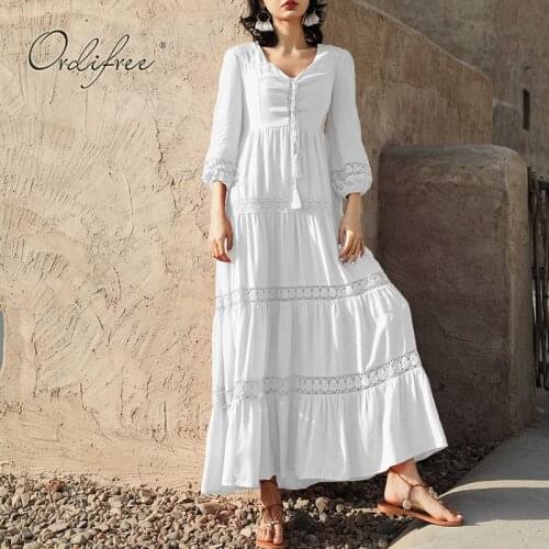 Ordifree 2021 Summer Vintage Women Maxi Dress White Lace Crochet Sexy Boho Long Beach Dress