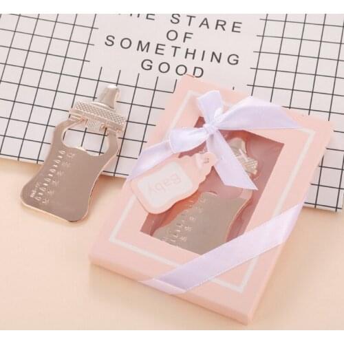 Gold Feeding-bottle Bottle Opener in Blue Box Baby Boy Shower Favors Newborn Christening Party Giveaways For Guest