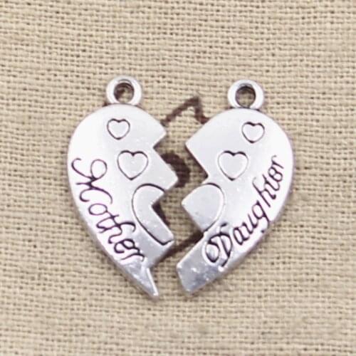 6pcs Charms Heart Mother Daughter Puzzle 21x21mm Antique Making Pendant fit,Vintage Tibetan Silver color,DIY Handmade Jewelry
