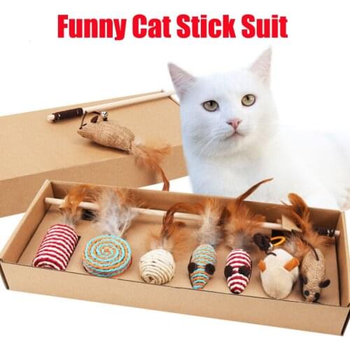 7pc/set Cute Funny Cat Stick Interactive Cat Toy Animal Mouse Feather Cat Toy Kitten Chew Ball Toy Cat Supplies
