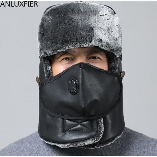 A134 Adult Leather Hats Men Leifeng Hat Outdoor Caps Bike Windproof Northeast Heating Plush Caps Thick Ear-protector Father Hat