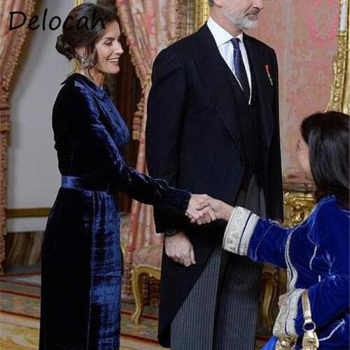 Delocah New 2021 Autumn Women Fashion Designer Party Long Dress Lantern Sleeve Sashes Single Breasted Slim Velvet A-Line Dresses