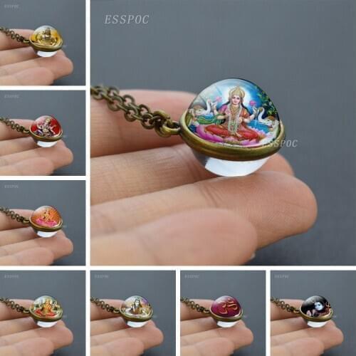 Lakshmi Buddha Double Sided Glass Ball Pendant Necklace Indian Buddhism Jewelry Amulet Charm Pendant Religious Gift