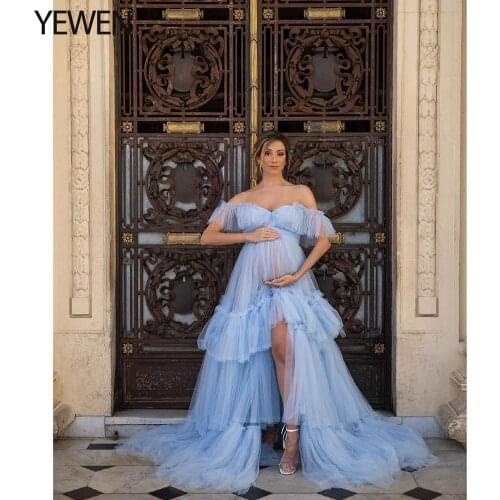 Elegant Off Shoulder Maternity Dress Front Open Ruffles Maternity Gowns for Photo Shoot or Baby Shower 2021 YEWEN