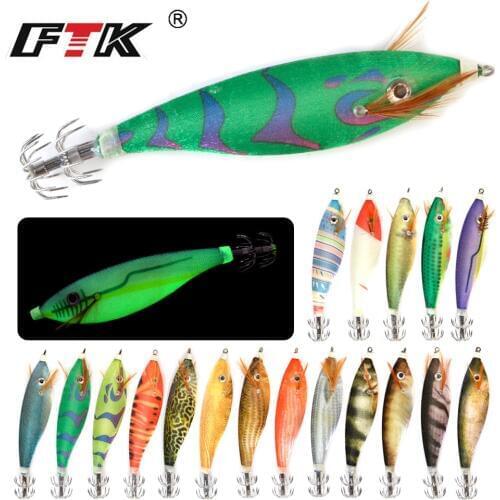 FTK Squid Jig Fishing Lures 9cm/16g Luminous Fishing Wood Shrimp Lure Squid Cuttlefish Jigs Bait Pesca Fishing Tackle