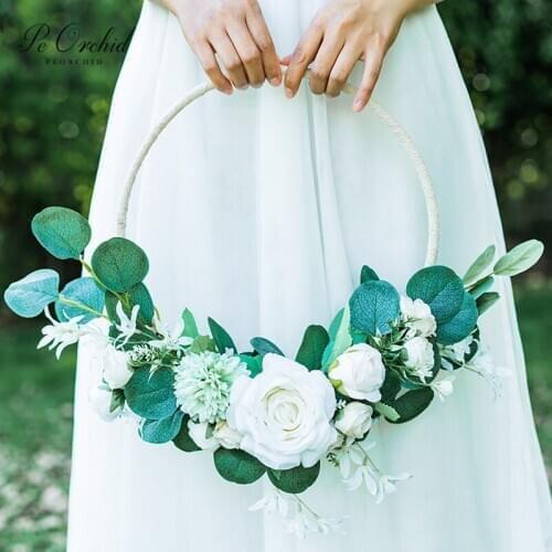 PEORCHID Rose Artificielle Wedding Bouquet Bridal White Bouquet Eucalyptus Portable Garland Hanging Fake flowers Home Decor