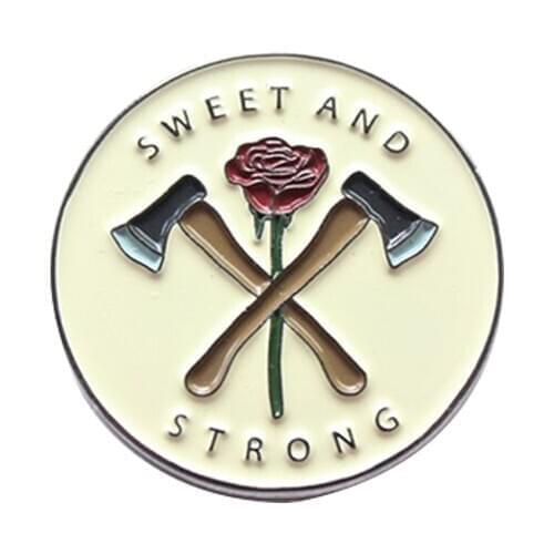 Sweet and strong axe rose pin feminist girl power brooch flower ladies badge art jewelry