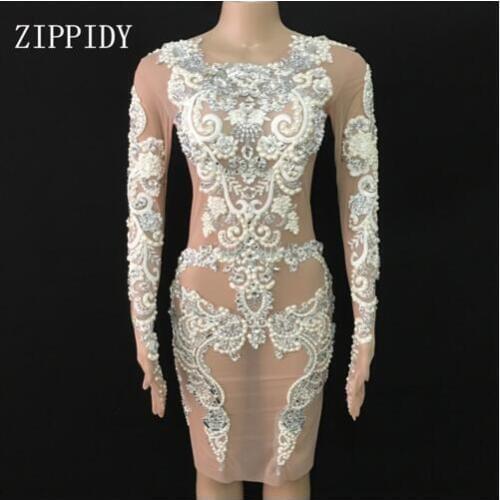 Fashion Sparkly Pearls Lace Mesh Sexy See Through Birthday Celebrate Dresses Outfit Party Dance Female Singer Outfit