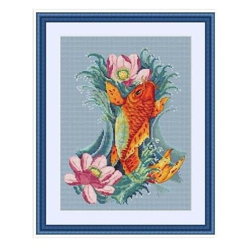 Carp and flowers cross stitch package fish cartoon aida 18ct 14ct 11ct pearl blue cloth kit embroider DIY handmade needlework