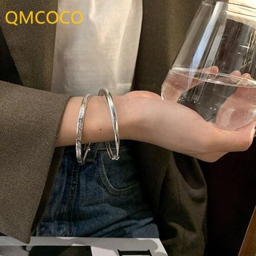 QMCOCO 925 Silver Simple English Letter Bracelet Female INS Style Design Vintage Do Old Glossy-Surface Punk Bracelet For women