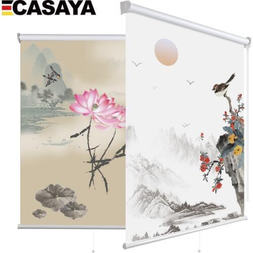 100% polyester blackout roller blinds Chinese painting landscape lotus screen partition roller blind for living room custom size