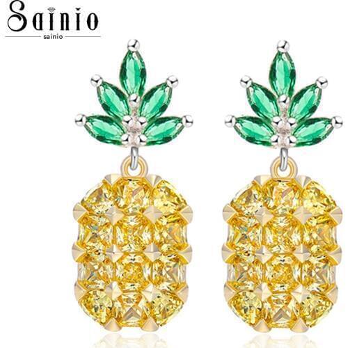 Sainio Fruit Pineapple Ear Stud Earring Tiny Pink Yellow Black Crystal Stud Earring For Women Charm Jewelry brincos pendientes