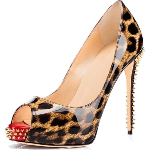 Sexy Womens Pumps High Heels Single Shoes Rivet Leopard Peep Toe Sandalias Fashion Thin Heel Patent Leather Club Ladies Shoe