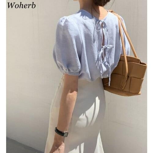 Woherb Women Shirt 2021 Summer Girls Blusas Temperament Gentle Round Neck Slightly Transparent Design Puff Sleeve Blouses