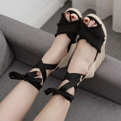 2021 New Women wedge sandals female platform bohemia high heel sandals women fashion ankle strap peep ladies shoes black