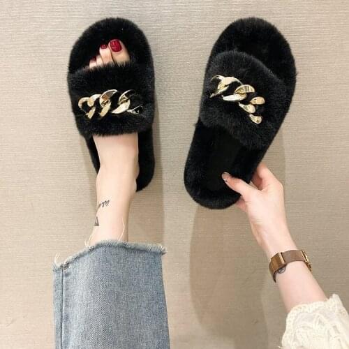 Hairy slippers women 2021 new autumn and winter Korean version chain thick bottom cotton