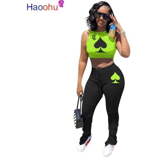 Funny poker q print women two piece set summer tracksuit sleeveless crop top split hem stacked pant bottom push up matching suit