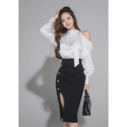 Summer Two Piece Set Sexy Off Shoulder Long Sleeve bow Shirts Top Female High Waist Bodycon Midi diamond split Skirt For Women
