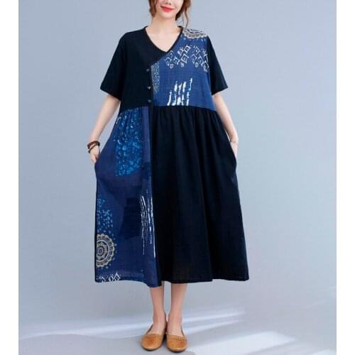 Women Summer Cotton Casual Dress New Arrival 2021 Vintage Style O-neck Patchwork Print Loose Ladies A-line Long Dresses B338