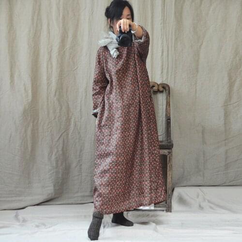 Women Autumn Spring Linen Printed Dress Ladies Loose Vintage Retro Print Plus Size Dress Female Fall Print Flax Dress 2018