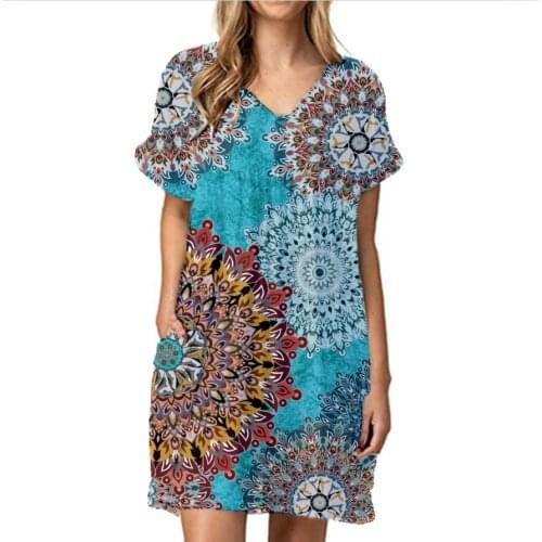 Flower Leopard Print Gradient Color Short-sleeved Pleated Summer New Womens Dress V-neck Loose Pocket Mid-length Ladies Dresses