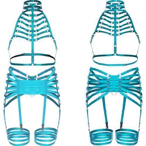 Lake Blue Full Body Harness Edgy Sexy Lingerie Body Belt Goth Top Harness Bra Bondage Stockings Leg Harness Wedding Garter