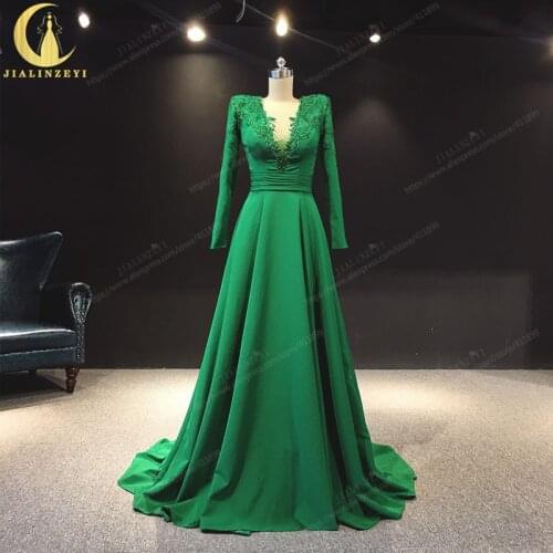 JIALINZEYI Real Image Long Sleeves Green V Neck A-line Vestido De Festa Formal party Dress evening Dresses
