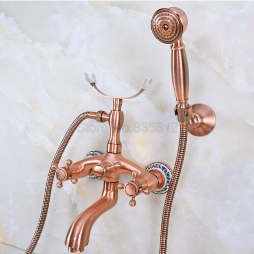 Antique Red Copper Bathroom Bath Tub Faucet Taps Dual Holder Telephone Style Wall Mounted tna372