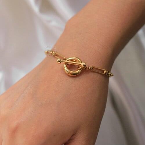 Gold Color Bracelets For Women Stainless Steel Cable Link Chain Bracelet Toggle Clasp 18 20cm Jewelry Birthday Gifts LDB328