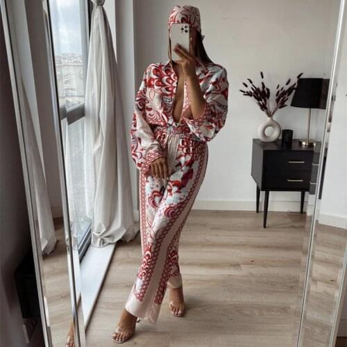 PUWD Woman Red High Waisted Print Pants 2021 Spring Casual Ladies Streetwear Straight Pants Ladies Elasticity Flower Pants