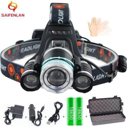 Motion Sensor Headlamp 50000 Lumens XML-T6 Zoom Waterproof Headlight Head Flashlight 18650 Battery Rechargeable for Fishing
