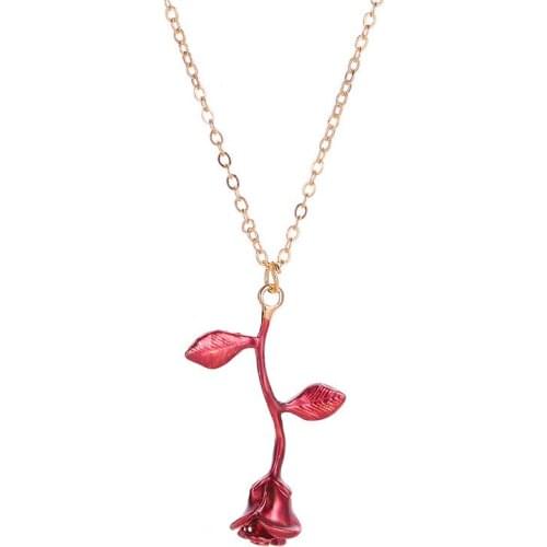 Long Chain Rose Flower Red Golden Rose Gold Silver Plated Leaf Pendant Alloy Necklace For Women