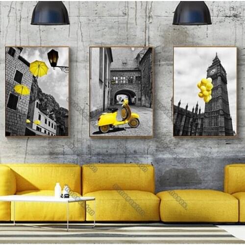 Nordic Style Canvas Painting Poster European Buildings and Scenery Yellow Umbrella Balloons Motorbike for Home Rooms Wall Decora