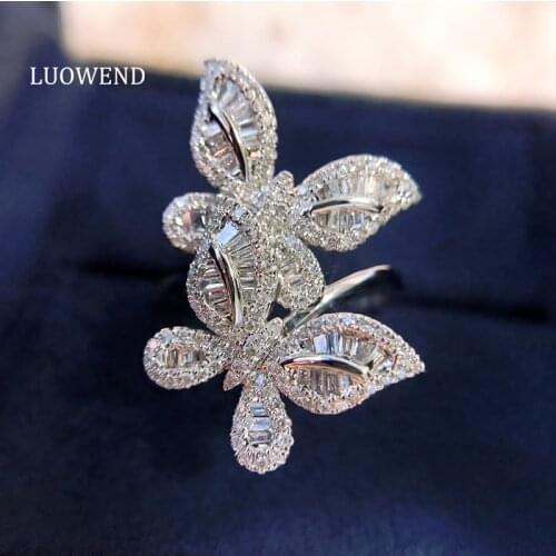 LUOWEND 100% Real 18K White Gold Ring Fashion Butterfly Shape INS Party Style Natural Diamond Luxury Ring for Women Wedding