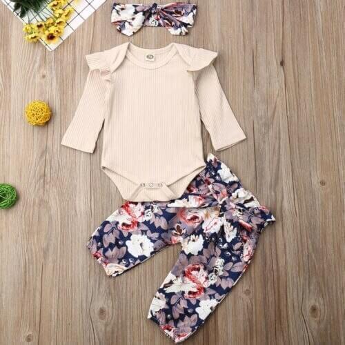 2020 Newborn Baby Girl Floral Outfit Romper Print Pants Long Sleeve Cotton Breathable Jumpsuit Headband Pure Color Clothes 0-18M