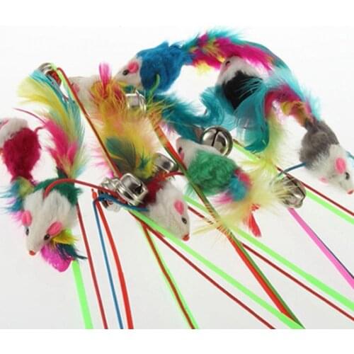 Pet Cat Bell The Dangle Faux Mouse Feather Rod Roped Funny Fun Playing Toys