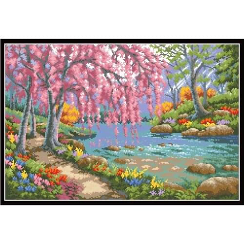 Colorful Riverside View Counted Cross Stitch Kits Printed Pattern Canvas Embroidery Sets 11CT 14CT For Needlework DIY Home Decor