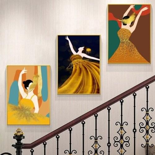Fashion Figure Goddess Gold Skirt Dancer Canvas Painting Poster Print Wall Art Pictures Living Room Corridor Home Decor Mural