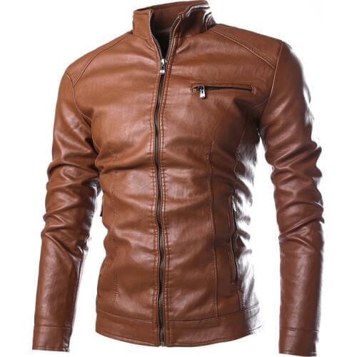 2019 New Fashion Mens Solid Color Leather Jacket , High-quality PU leather stand-collar slim jacket jacket Brown, black
