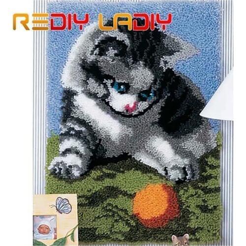 Latch Hook Rug Kits Make Your Own Rug Kitten & Ball Crocheting Cushion DIY Carpet Rug Acrylic Yarn Printed Canvas Hobby & Crafts