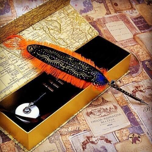 New English Calligraphy Quill Dip Pen Set with Ceramic Holder 5 Nibs Retro Wedding Gift Handwriting Feather Pen