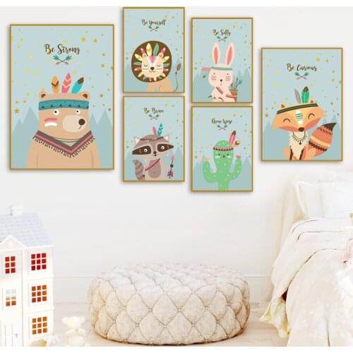 Bear Raccoon Koala Rabbit Lion Cactus Baby Room Wall Art Canvas Painting Nordic Posters And Prints Wall Pictures Kids Room Decor