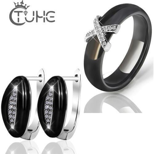 2017 New Crystal Ceramic Bridal Jewellry Sets For Women Stainless Steel Rhinestone Stud Earrings & Rings Wedding Engagement Set